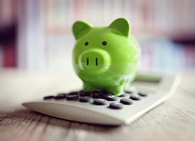 A green piggy bank placed on top of a calculator