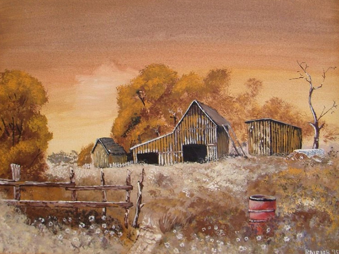 Painting of a barn in the fall
